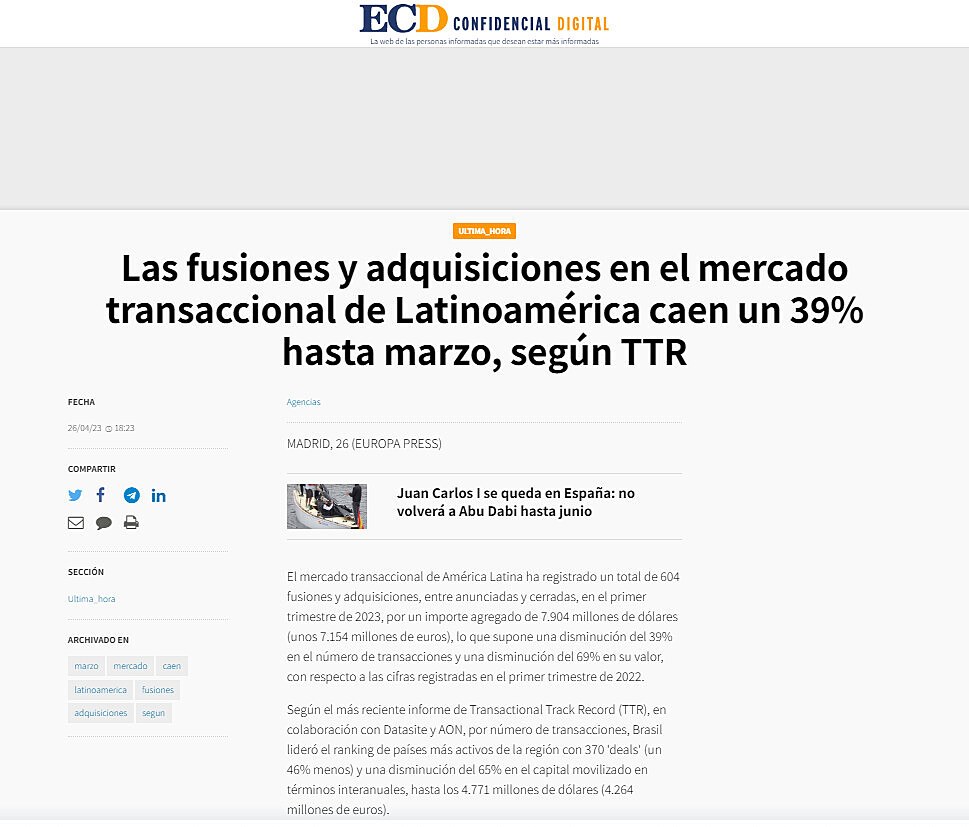 Las fusiones y adquisiciones en el mercado transaccional de Latinoamrica caen un 39% hasta marzo, segn TTR